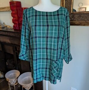 J.Jill Women's Large Green Blue Plaid Pocket Blouse Tunic Top 3/4 Sleeve 120